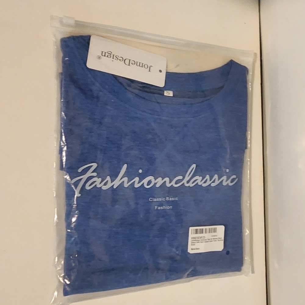 Brand New JomeDesign Small Blue Short Sleeve Side Split Causal Tunic Top